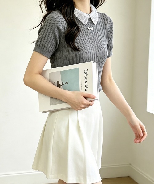 Miniministore(ミニミニストア)の「レース襟付きニットトップス フェミニン(Tシャツ/カットソー・レディース・グレー/ブラック/ホワイト/ベージュ・FREE)」の9枚目の写真
