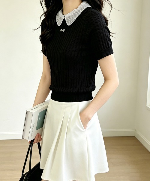 Miniministore(ミニミニストア)の「レース襟付きニットトップス フェミニン(Tシャツ/カットソー・レディース・グレー/ブラック/ホワイト/ベージュ・FREE)」の12枚目の写真