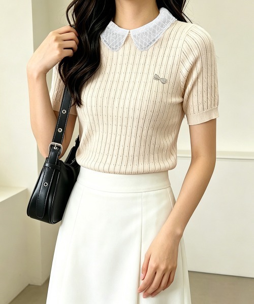 Miniministore(ミニミニストア)の「レース襟付きニットトップス フェミニン(Tシャツ/カットソー・レディース・グレー/ブラック/ホワイト/ベージュ・FREE)」の21枚目の写真