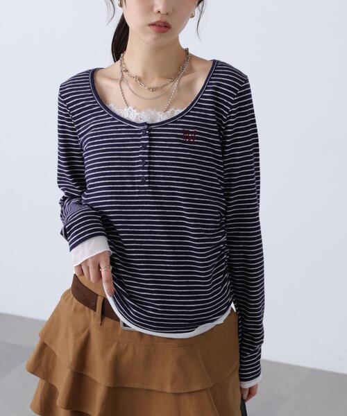 FREE'S MART(フリーズマート)の「レースキャミレイヤード風ヘンリーネックカットソー(Tシャツ/カットソー・レディース・ベージュ/ブラウン/ワンウォッシュ/グレー・FREE)」の4枚目の写真
