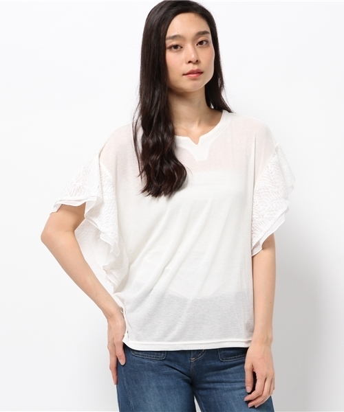 M F Editorial エムエフエディトリアル の エムエフエディトリアル レディース M F Editorial Women 袖フリルレーシ使いゆるプルオーバーｔシャツ 白 黒 カーキ Tシャツ カットソー Wear