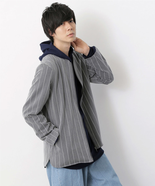 MONO-MART（モノマート）の「T/Rノーカラーブルゾン/ジャケット(MONO-MART)（ノーカラージャケット・メンズ・チャコールグレー/ブラック/ネイビー/オリーブ/ブルー系その他/ベージュ/サックスブルー/ストライプ/ブラウン系その他・M/XL/L）」の9枚目の写真