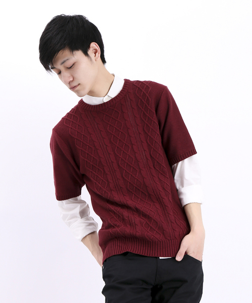 WEGO（ウィゴー）の「WEGO/ケーブル5分袖コットンニット（ニット/セーター・メンズ・オフホワイト/ブルー/ネイビー/ワイン/杢グレー/ケリー/ライトピンク/マスタード・MEDIUM/LARGE）」の8枚目の写真