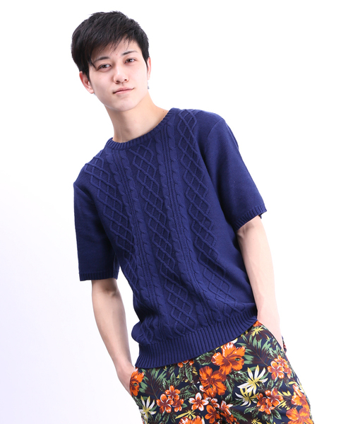 WEGO（ウィゴー）の「WEGO/ケーブル5分袖コットンニット（ニット/セーター・メンズ・オフホワイト/ブルー/ネイビー/ワイン/杢グレー/ケリー/ライトピンク/マスタード・MEDIUM/LARGE）」の5枚目の写真