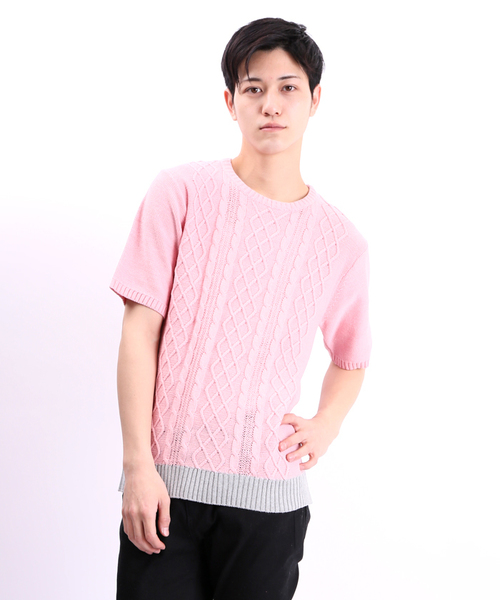 WEGO（ウィゴー）の「WEGO/ケーブル5分袖コットンニット（ニット/セーター・メンズ・オフホワイト/ブルー/ネイビー/ワイン/杢グレー/ケリー/ライトピンク/マスタード・MEDIUM/LARGE）」の7枚目の写真