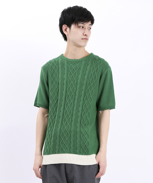 WEGO（ウィゴー）の「WEGO/ケーブル5分袖コットンニット（ニット/セーター・メンズ・オフホワイト/ブルー/ネイビー/ワイン/杢グレー/ケリー/ライトピンク/マスタード・MEDIUM/LARGE）」の4枚目の写真