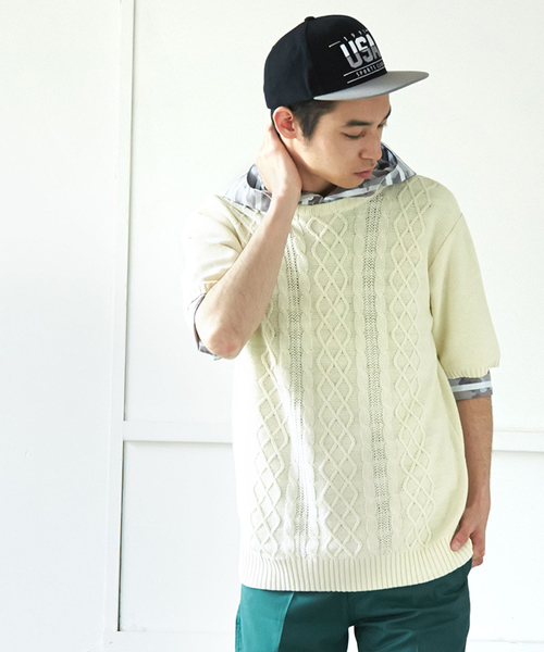 WEGO（ウィゴー）の「WEGO/ケーブル5分袖コットンニット（ニット/セーター・メンズ・オフホワイト/ブルー/ネイビー/ワイン/杢グレー/ケリー/ライトピンク/マスタード・MEDIUM/LARGE）」の2枚目の写真