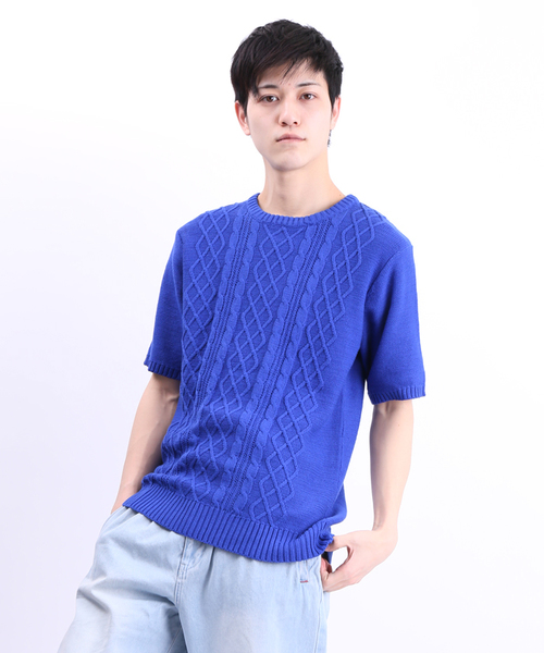 WEGO（ウィゴー）の「WEGO/ケーブル5分袖コットンニット（ニット/セーター・メンズ・オフホワイト/ブルー/ネイビー/ワイン/杢グレー/ケリー/ライトピンク/マスタード・MEDIUM/LARGE）」の6枚目の写真