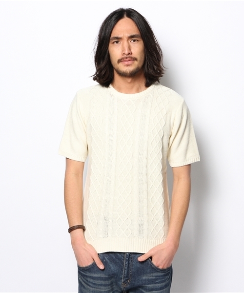 WEGO（ウィゴー）の「WEGO/ケーブル5分袖コットンニット（ニット/セーター・メンズ・オフホワイト/ブルー/ネイビー/ワイン/杢グレー/ケリー/ライトピンク/マスタード・MEDIUM/LARGE）」の20枚目の写真