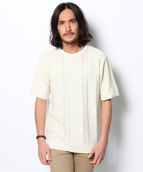 WEGO（ウィゴー）の「WEGO/ケーブル5分袖コットンニット（ニット/セーター・メンズ・オフホワイト/ブルー/ネイビー/ワイン/杢グレー/ケリー/ライトピンク/マスタード・MEDIUM/LARGE）」の9枚目の写真