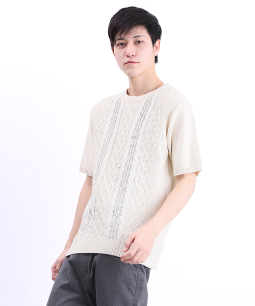 WEGO（ウィゴー）の「WEGO/ケーブル5分袖コットンニット（ニット/セーター・メンズ・オフホワイト/ブルー/ネイビー/ワイン/杢グレー/ケリー/ライトピンク/マスタード・MEDIUM/LARGE）」の19枚目の写真