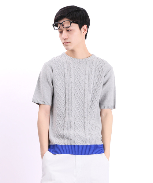WEGO（ウィゴー）の「WEGO/ケーブル5分袖コットンニット（ニット/セーター・メンズ・オフホワイト/ブルー/ネイビー/ワイン/杢グレー/ケリー/ライトピンク/マスタード・MEDIUM/LARGE）」の21枚目の写真