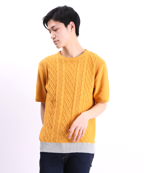 WEGO（ウィゴー）の「WEGO/ケーブル5分袖コットンニット（ニット/セーター・メンズ・オフホワイト/ブルー/ネイビー/ワイン/杢グレー/ケリー/ライトピンク/マスタード・MEDIUM/LARGE）」の22枚目の写真