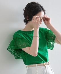❣️週末セール☆新品NINE スカラレーストップス グリーン サイズ0 S〜細M レディースのシャツ/ブラウス（グリーン・カーキ/緑色系・レース