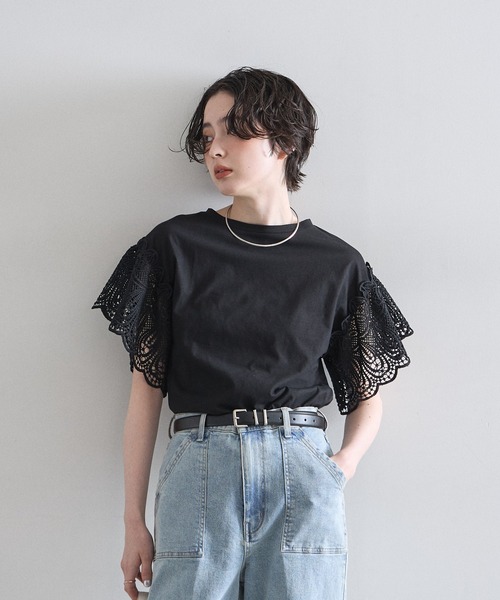 &. NOSTALGIA(アンドドットノスタルジア)の「レーススリーブカットTシャツ(Tシャツ/カットソー・レディース・ホワイト/ブラック/ラベンダー/モカ/イエロー/ブルー/カーキ/ライトグリーン/グリーン・FREE/M)」の10枚目の写真