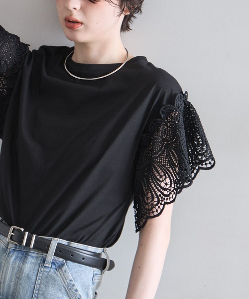 &. NOSTALGIA(アンドドットノスタルジア)の「レーススリーブカットTシャツ(Tシャツ/カットソー・レディース・ホワイト/ブラック/ラベンダー/モカ/イエロー/ブルー/カーキ/ライトグリーン/グリーン・FREE/M)」の15枚目の写真