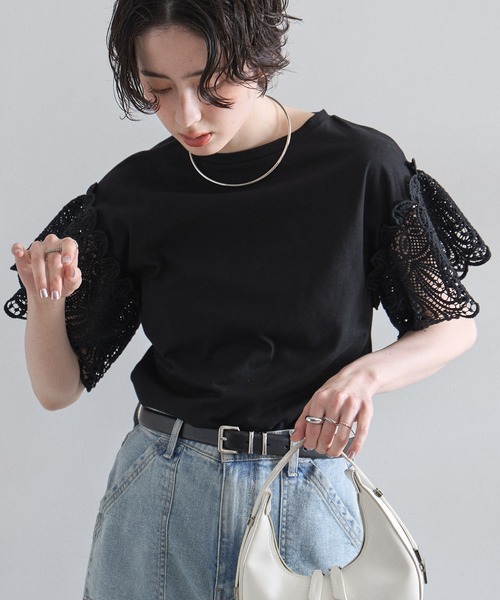 &. NOSTALGIA(アンドドットノスタルジア)の「レーススリーブカットTシャツ(Tシャツ/カットソー・レディース・ホワイト/ブラック/ラベンダー/モカ/イエロー/ブルー/カーキ/ライトグリーン/グリーン・FREE/M)」の17枚目の写真
