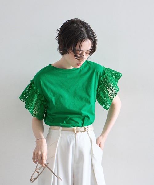&. NOSTALGIA(アンドドットノスタルジア)の「レーススリーブカットTシャツ(Tシャツ/カットソー・レディース・ホワイト/ブラック/ラベンダー/モカ/イエロー/ブルー/カーキ/ライトグリーン/グリーン・FREE/M)」の20枚目の写真