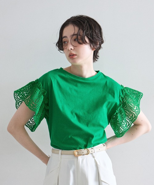 &. NOSTALGIA(アンドドットノスタルジア)の「レーススリーブカットTシャツ(Tシャツ/カットソー・レディース・ホワイト/ブラック/ラベンダー/モカ/イエロー/ブルー/カーキ/ライトグリーン/グリーン・FREE/M)」の21枚目の写真