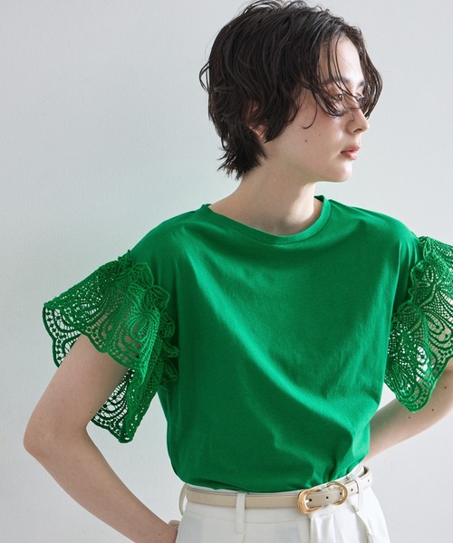 &. NOSTALGIA(アンドドットノスタルジア)の「レーススリーブカットTシャツ(Tシャツ/カットソー・レディース・ホワイト/ブラック/ラベンダー/モカ/イエロー/ブルー/カーキ/ライトグリーン/グリーン・FREE/M)」の22枚目の写真