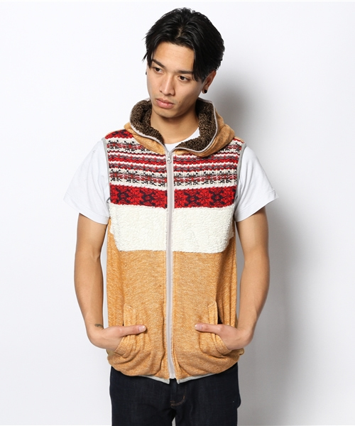 チャイハネ（チャイハネ）の「ジャガードフユベスト（ダウンベスト・メンズ・グリーン/レッド/イエロー・FREE）」の2枚目の写真