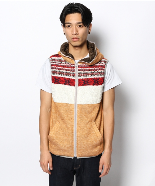 チャイハネ（チャイハネ）の「ジャガードフユベスト（ダウンベスト・メンズ・グリーン/レッド/イエロー・FREE）」の4枚目の写真