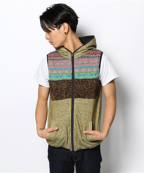 チャイハネ（チャイハネ）の「ジャガードフユベスト（ダウンベスト・メンズ・グリーン/レッド/イエロー・FREE）」の14枚目の写真
