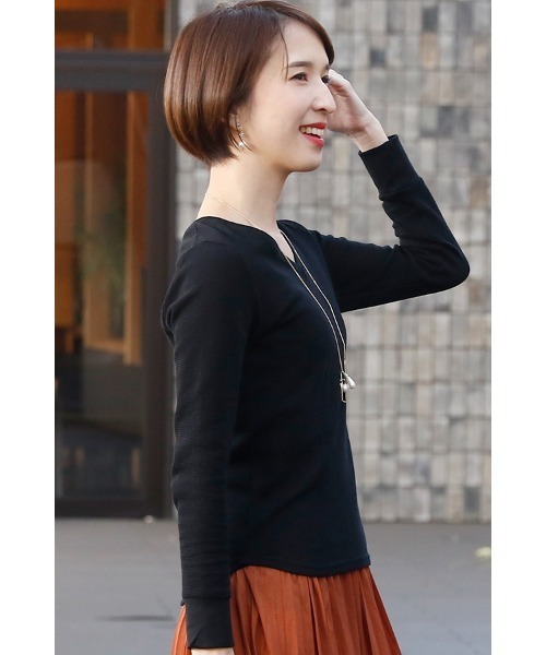 ElegChic（エレグシック）の「コットン ロング Tシャツ 長袖 （Tシャツ/カットソー・レディース・グレー/ホワイト/カーキ/ネイビー/ブラック・M/L/XL/XXL/4L）」の10枚目の写真