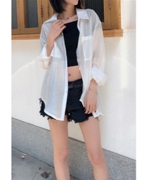 おしゃれスタ（オシャレスタ）の「シアー素材ゆったりシルエット透けブラウス（シャツ/ブラウス・レディース・ホワイト・S/M/L/XL）」の2枚目の写真