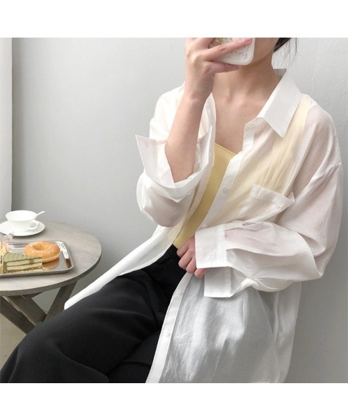 おしゃれスタ（オシャレスタ）の「シアー素材ゆったりシルエット透けブラウス（シャツ/ブラウス・レディース・ホワイト・S/M/L/XL）」の5枚目の写真