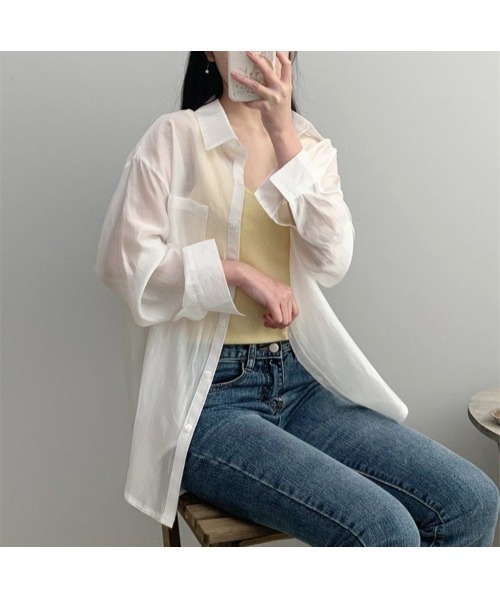 おしゃれスタ（オシャレスタ）の「シアー素材ゆったりシルエット透けブラウス（シャツ/ブラウス・レディース・ホワイト・S/M/L/XL）」の6枚目の写真