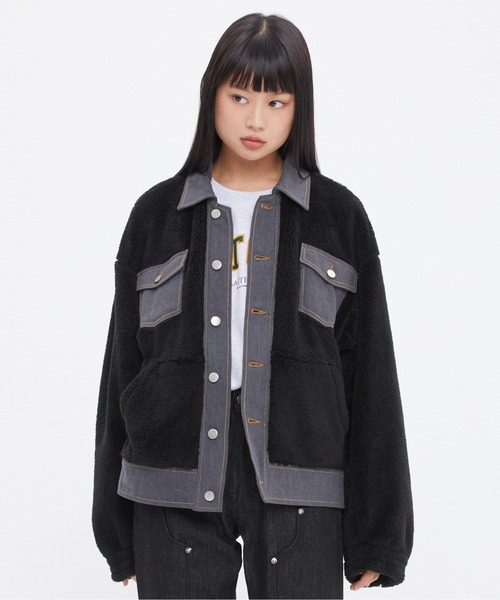 ROMANTIC CROWN(ロマンティッククラウン)の「【ROMANTIC CROWN】FLEECE TRUCKER JACKET / ロマンティッククラウン フリース トラッカー ジャケット(ブルゾン・メンズ・ブラック/オートミール・SMALL/MEDIUM/LARGE)」の4枚目の写真