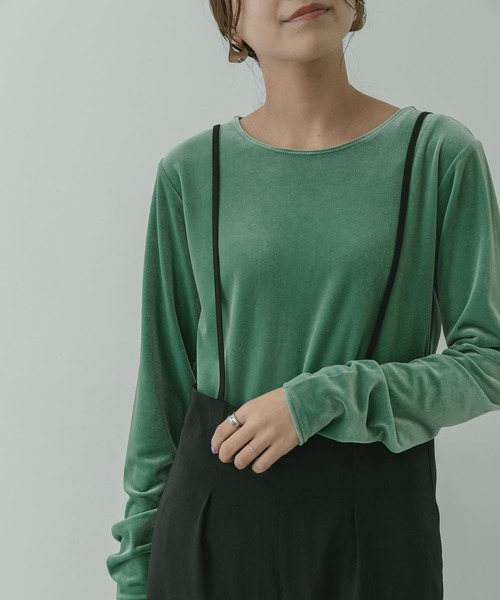 KBF+（ケービーエフプラス）の「KBF+　ベロアロングTシャツ∴（Tシャツ/カットソー・レディース・チャコールグレー/グリーン/ベージュ系その他・ONE）」の4枚目の写真