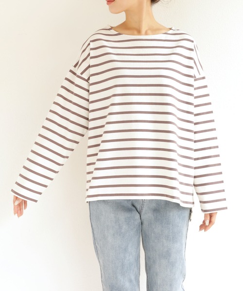 andme（アンドミー）の「コットン長袖オーバーサイズボーダーTシャツ（Tシャツ/カットソー・レディース・ベージュ系その他/ホワイト×パープル/グレイッシュベージュ/ホワイト×ブラック/ホワイト×ブルー/ホワイト×ピンク・M）」の13枚目の写真