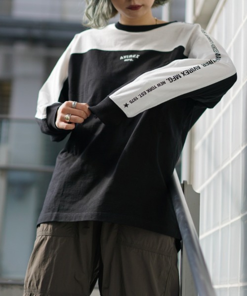 AVIREX（アヴィレックス）の「【WEB&DEPOT限定】BICOLOR COLLEGE T-SHIRT/ バイカラーカレッジロングスリーブティーシャツ（Tシャツ/カットソー・レディース・ホワイト/ブラック・FREE）」の4枚目の写真