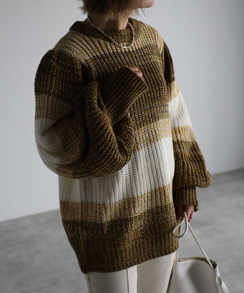 amini(アミニ)の「【2021-2022 A/W】マルチボーダーニット(ニット/セーター・レディース・グリーン系/ブルー系/イエロー系・MEDIUM)」の3枚目の写真