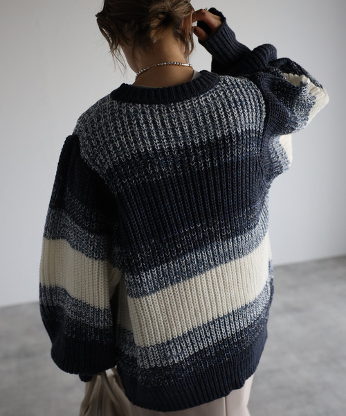 amini(アミニ)の「【2021-2022 A/W】マルチボーダーニット(ニット/セーター・レディース・グリーン系/ブルー系/イエロー系・MEDIUM)」の15枚目の写真