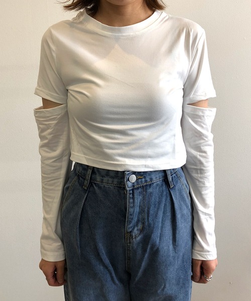 Kotoe(コトエ)の「レディース クロップド スリーブスリット カットソー 長袖 二の腕あき ヘルシー 肌見せ(Tシャツ/カットソー・レディース・ホワイト/ブラック/グレー・M/L)」の11枚目の写真