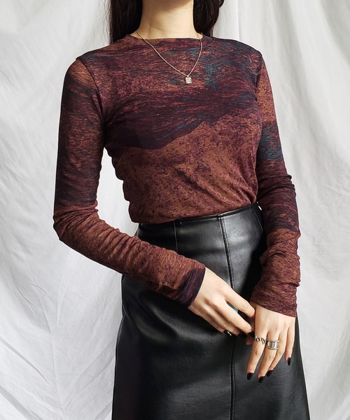 me+em select（ミームセレクト）の「※※ニュアンスマーブルシースルートップス 【韓国製】（Tシャツ/カットソー・レディース・ワイン/ミント/ブラウン/ブラック・FREE）」の4枚目の写真