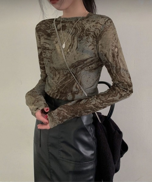 me+em select（ミームセレクト）の「※※ニュアンスマーブルシースルートップス 【韓国製】（Tシャツ/カットソー・レディース・ワイン/ミント/ブラウン/ブラック・FREE）」の17枚目の写真