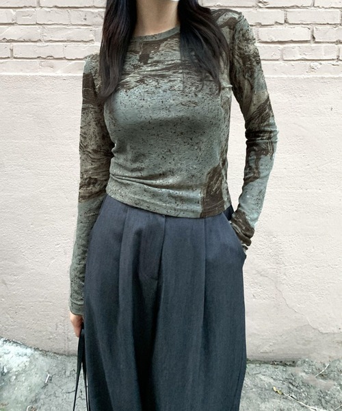 me+em select（ミームセレクト）の「※※ニュアンスマーブルシースルートップス 【韓国製】（Tシャツ/カットソー・レディース・ワイン/ミント/ブラウン/ブラック・FREE）」の14枚目の写真