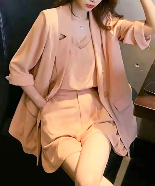 Girly Doll（ガーリードール）の「ジャケット＆ショートパンツ＆レースキャミ スリーピースセット（セットアップ・レディース・ブラック/ピンク/グリーン・M/L）」の6枚目の写真