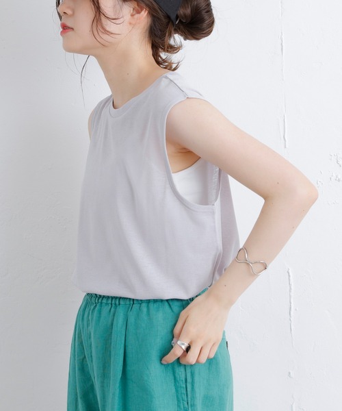 PUAL CE CIN(ピュアルセシン)の「シアーボックスノースリーブ(タンクトップ・レディース・ライトグレー/ブラック/グリーン/ピンクベージュ・FREE)」の1枚目の写真
