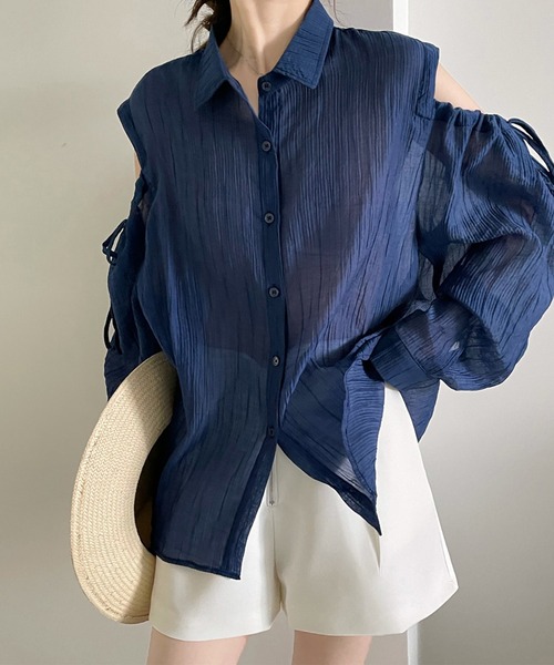 美品✨リツコ シラハマ シアー ロングシャツ 羽織り ブラウス ブルー 日本製 美品✨リツコ シラハマ シアー ロングシャツ 羽織り ブラウス