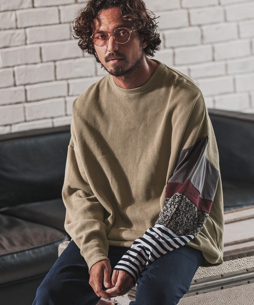 FACTOTUM（ファクトタム）の「mlt3972- One Arm Gimmick Design Waffle Long-sleeve T-Shirt カットソー（Tシャツ/カットソー・メンズ・ホワイト/ライトカーキ/ブラック・44/48/46）」の3枚目の写真