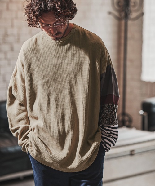 FACTOTUM（ファクトタム）の「mlt3972- One Arm Gimmick Design Waffle Long-sleeve T-Shirt カットソー（Tシャツ/カットソー・メンズ・ホワイト/ライトカーキ/ブラック・44/48/46）」の13枚目の写真
