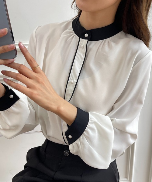 Coo+i(クーイ)の「配色バイカラーブラウス(シャツ/ブラウス・レディース・モカ/ブラック/ベージュ/ホワイト/グレー・M/L)」の2枚目の写真