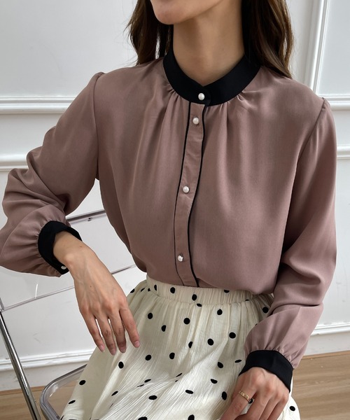 BEIGE, ベイジ 配色ノーカラーブラウス trim_ofcrs_item91c335c2d6e111e