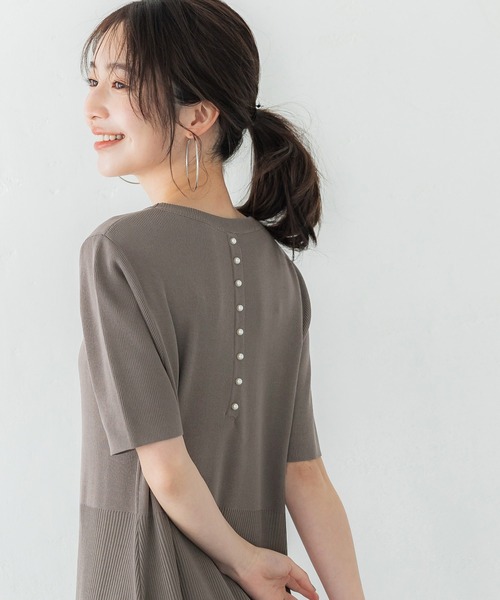 バックパールサマーニットフレアワンピース