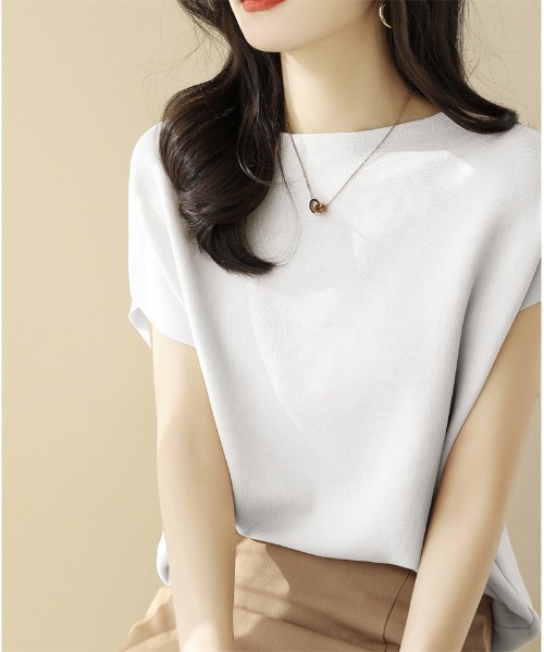 BLANC FICELLE（ブランフィセル）の「半袖ボートネックニット（Tシャツ/カットソー・レディース・アイボリー/サックスブルー/ベージュ/ブラック・F）」の3枚目の写真